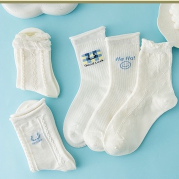 Vớ tất trắng cổ cao xoăn lai họa tiết Heho smile xanh pastel Ullzang