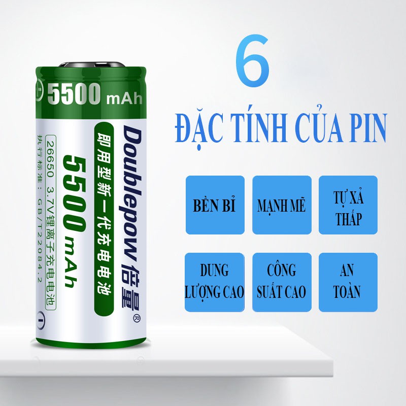 Pin Cell 26650 sạc lại chính hãng Doublepow công suất cao, sử dụng cho đèn siêu sáng, chế ắc quy