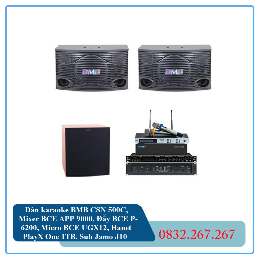 Dàn karaoke BMB CSN 500C, Mixer BCE APP 9000, Đẩy BCE P-6200, Micro BCE UGX12, Hanet PlayX One 1TB, Sub Jamo J10