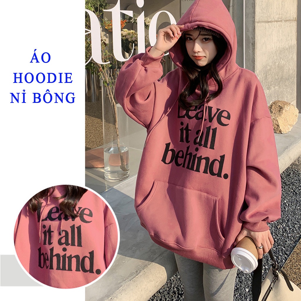 Áo hoodie nữ form rộng có mũ nỉ bông Cao cấp gấu tay bo dệt dày dặn Geleva GE901