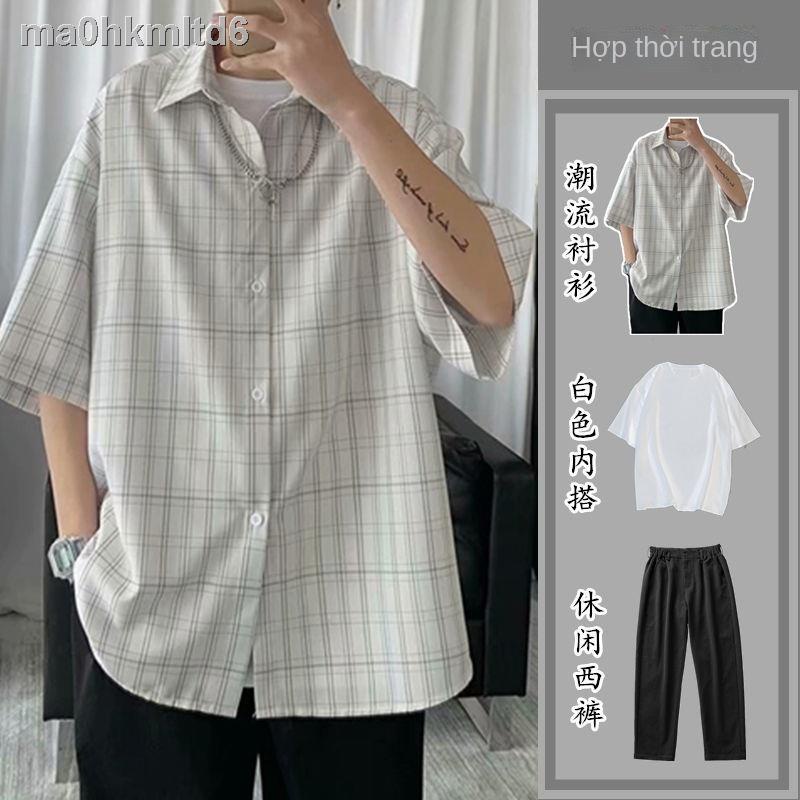 ♕❈Áo sơ mi kẻ sọc nam tay năm điểm Phong cách hàn quốc hợp thời trang bộ vest giản dị với đồ ba mảnh mùa hè