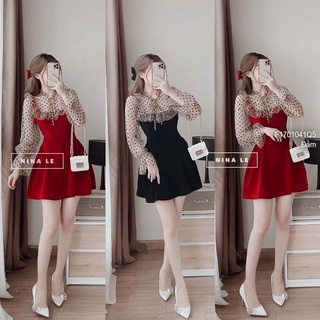 Sale Đầm xòe nhung đen phối lưới bi ngực viền bèo tay dài bo!