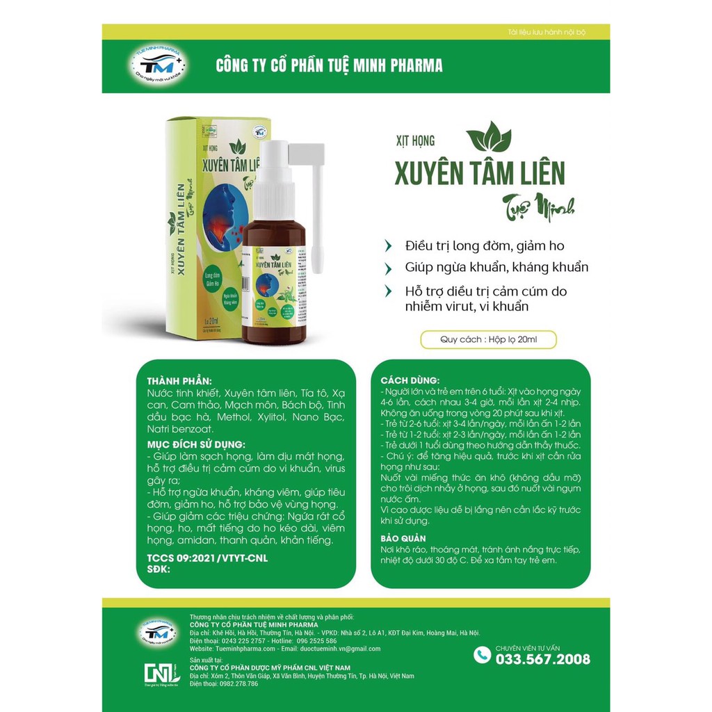 Xịt họng Xuyên Tâm Liên  - ngừa khuẩn, long đờm, giảm ho