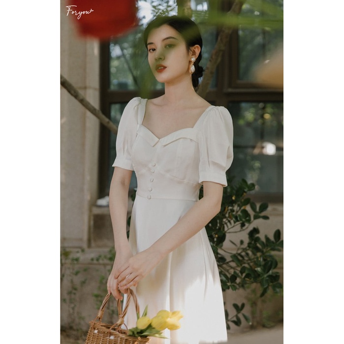 Flora Dress - Váy trắng tay bồng FORYOU dàng dài phối cổ vuông, đầm thiết kế dự tiệc | BigBuy360 - bigbuy360.vn