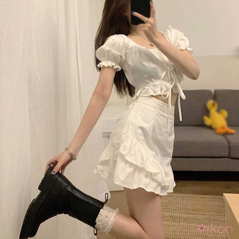 Set Áo Croptop Phối Bèo + Chân Váy Lưng Cao Thời Trang Cho Nữ