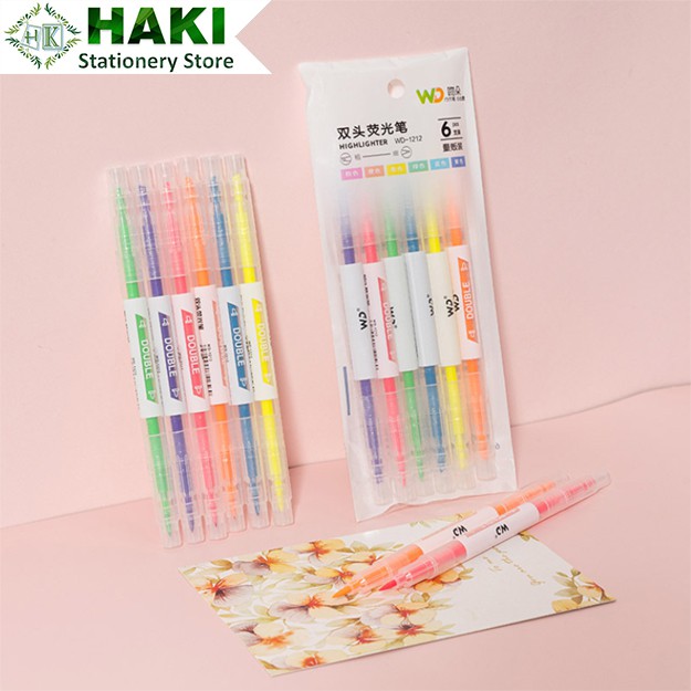 Bút highlight pastel dạ quang 2 đầu HAKI, bút đánh dấu nhớ dòng cute nhiều màu marker dễ thương B09