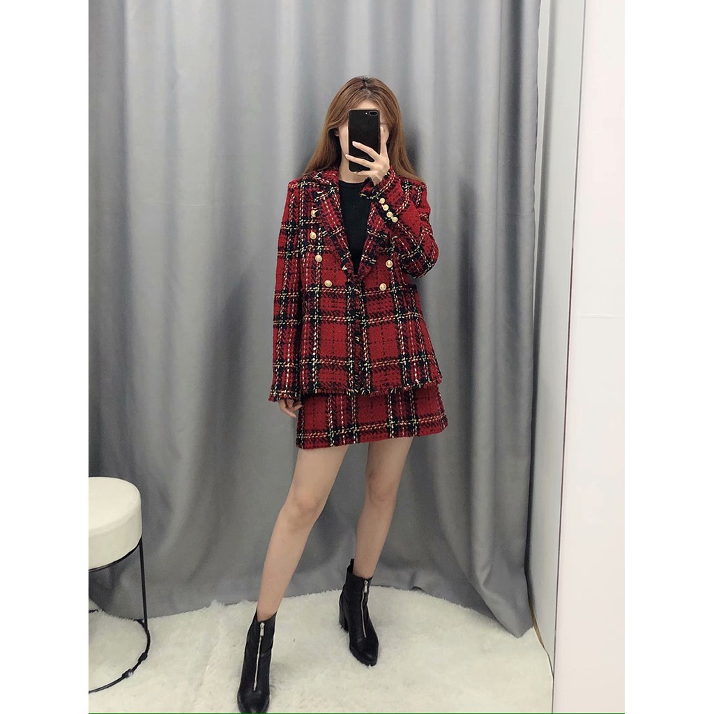 Set Dạ kẻ đỏ Zr xuất BLAZER+CHÂN VÁY khuy đồng-ORDER/ẢNH THẬT | BigBuy360 - bigbuy360.vn