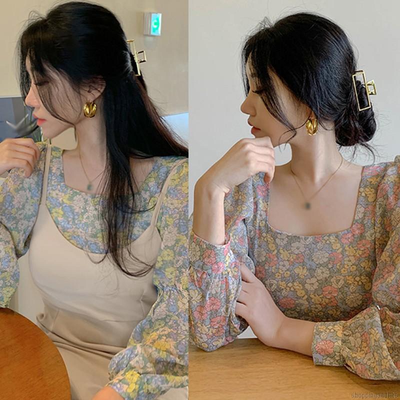 Áo Voan Hoa Tay Phồng Phong Cách Hàn Quốc Thanh Lịch Cho Nữ