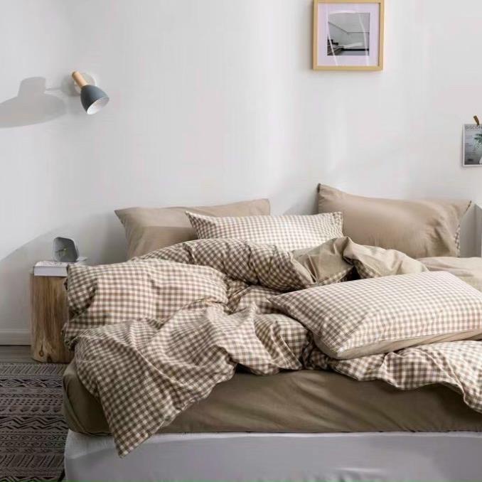Trọn Bộ 4 Món-Thương Hiệu 🌸EVILY🌸- Chăn Ga Gối Mền Cotton Poly-Mẫu CARO NÂU SỮA Sang Trọng Quý Phái