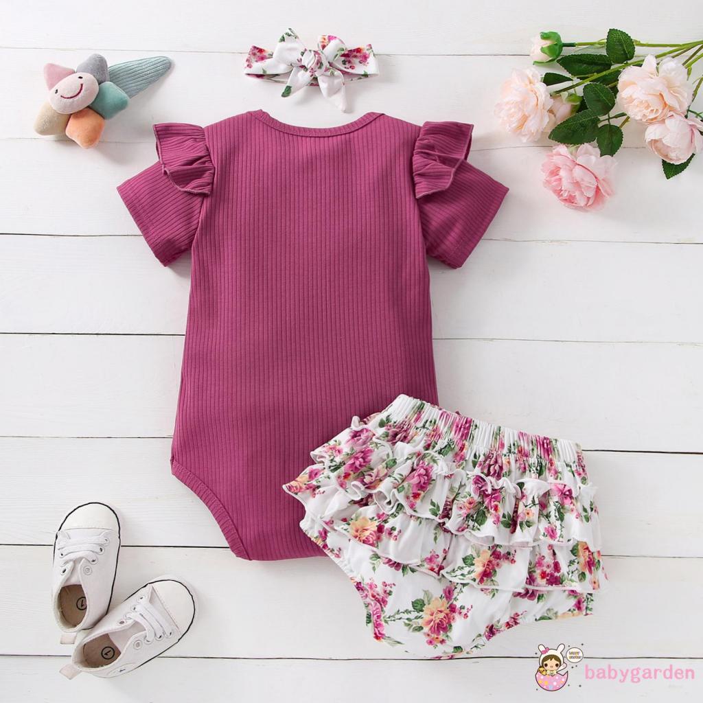 BABYGARDEN Newborn Girl Three-Piece Outfits, Short Sleeve Round Neck Romper + Floral Print Bow Decor Ruffles Shorts +