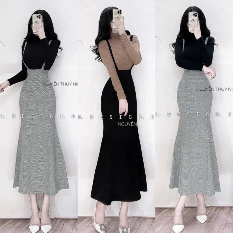 Sét váy yếm + áo cao cổ