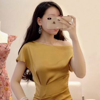 váy đầm phi lụa lệch vai nhún eo_hàng chất loại 1 cao cấp