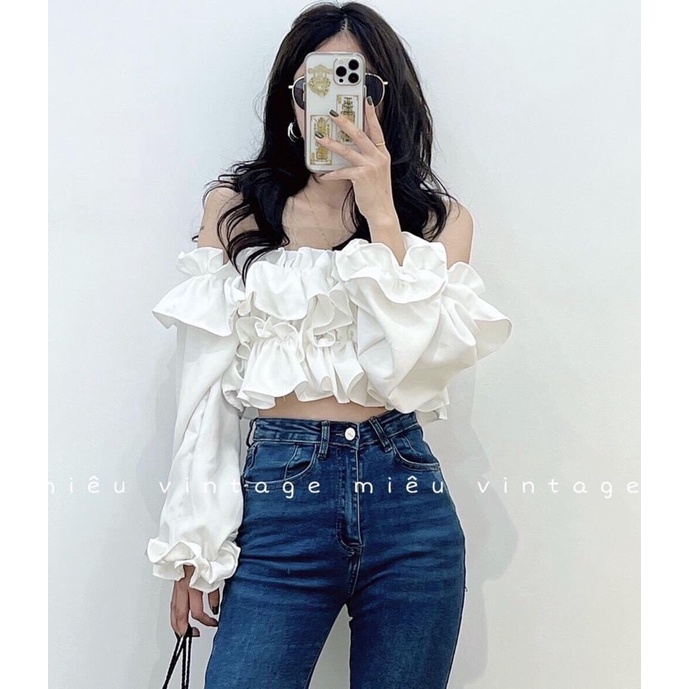 Áo croptop dài tay trễ vai phối bèo xinh xắn, áo kiểu đi chơi <58kg