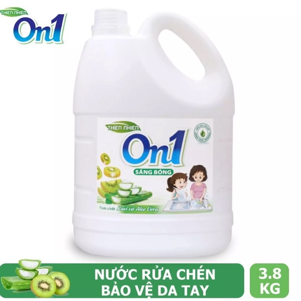 Nước rửa chén On1 hương kiwi và aloe vera 3.8Kg - Sạch bóng vết dầu mỡ, không chứa chất tạo màu, parabens và hóa c