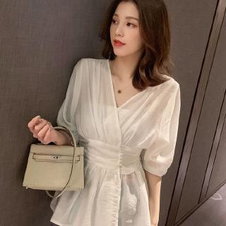 Áo Sơ Mi Trắng Cổ Chữ V Phong Cách Hàn Quốc Thời Trang Mùa Hè Cho Nữ