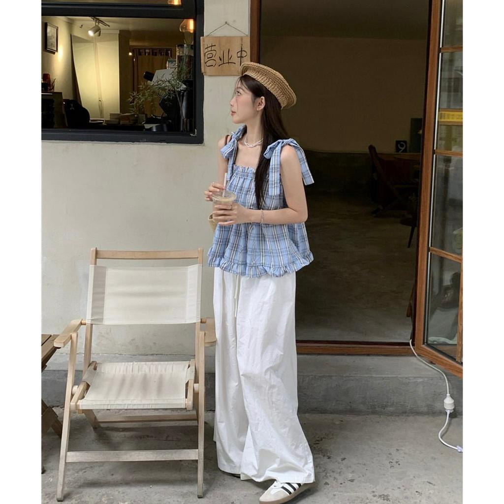 SET ÁO BBD CARO XANH 2 DÂY NƠ VAI BÈO + QUẦN SUÔNG TRẮNG