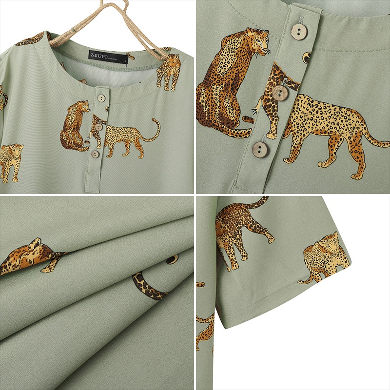 ZANZEA Đầm Tay Ngắn Cổ Tròn Cài Nút Trước Họa Tiết Động Vật Thời Trang Cho Nữ
