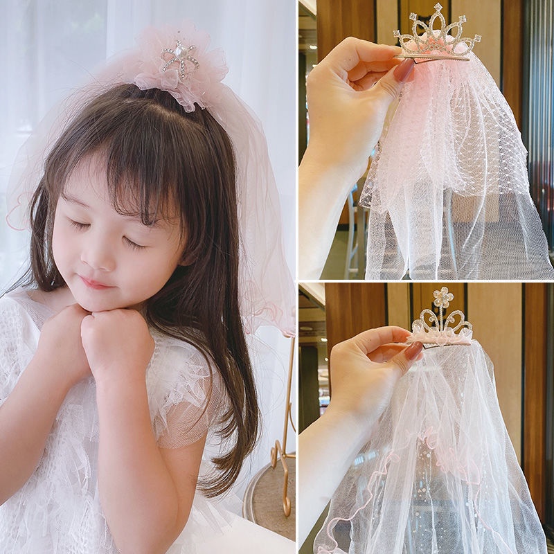 Kẹp Tóc Hình Vương Miện Bằng Lưới Đính Nơ Dễ Thương Cho Bé Gái