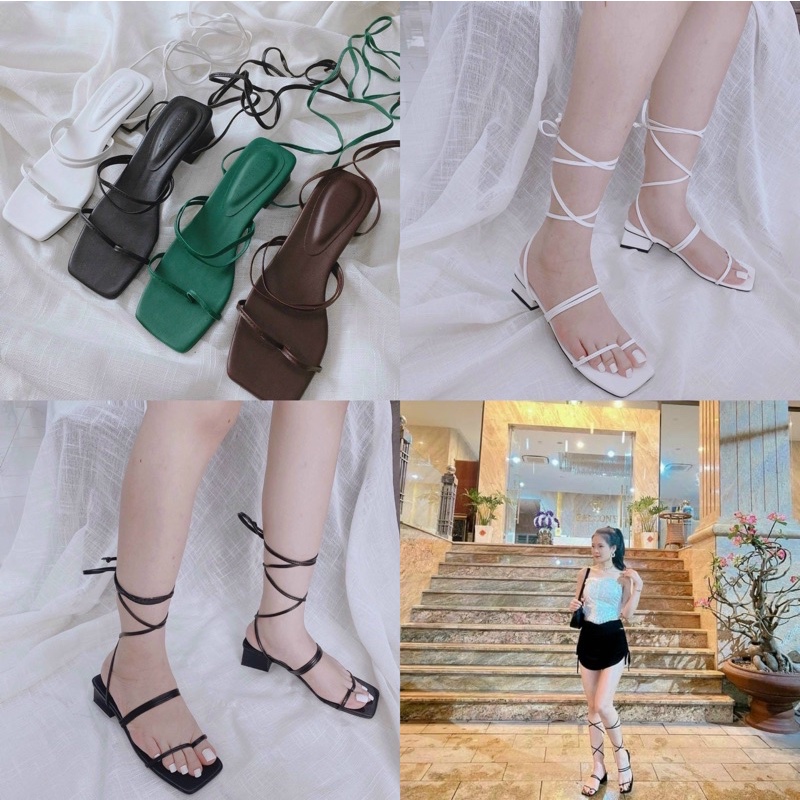 Dép cao gót kiểu guốc sandal dây mảnh quấn chân gót vuông mũi vuông,Sandal Gót Vuông Buộc Dây Trẻ Trung, chiến binh