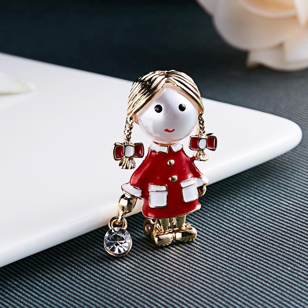 Ghim cài áo BELLA-BEE tráng men kiểu cô gái ngọc trai nhân tạo mặc đầm đỏ dễ thương làm quà tặng sinh nhật tiệc tùng