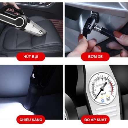 Máy hút bụi xe hơi đo áp suất lốp xe có đèn chiếu sáng công suất cao 4 trong 1 đa năng