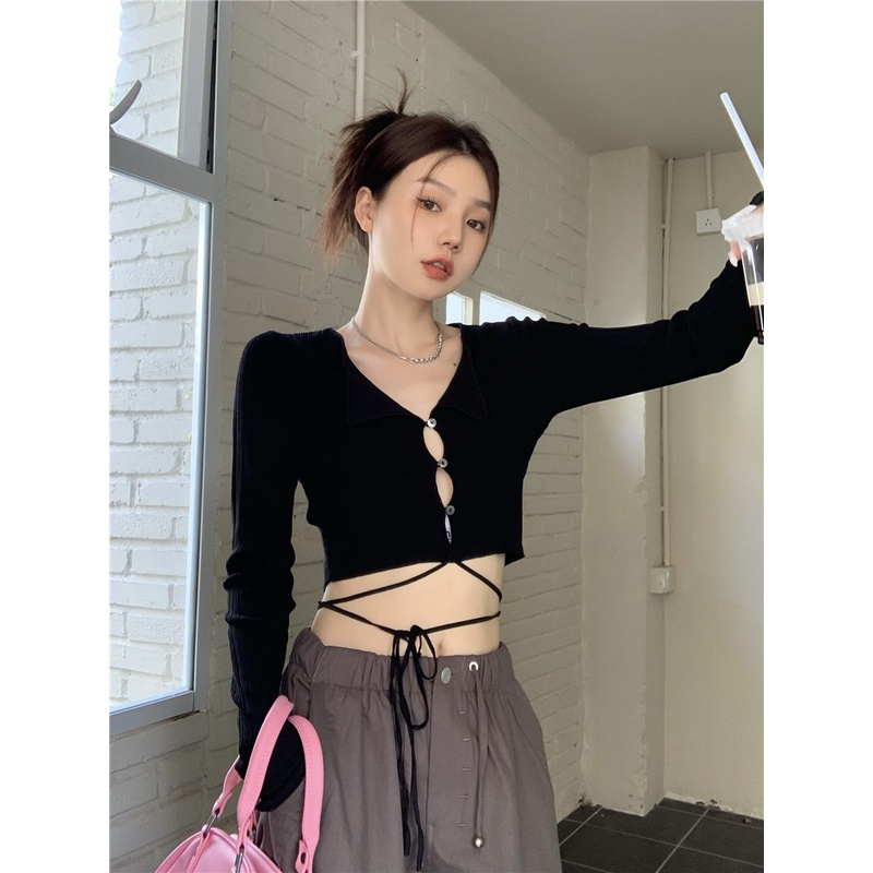 ZHELIHANGFEI Áo dệt kim cổ V tay dài cạp cao trễ vai gợi cảm mặc bên ngoài