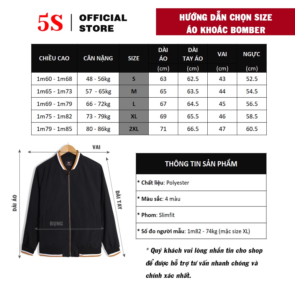 [MUA 2 GIẢM 30K] Áo Khoác Bomber Nam 5S (4 Màu), Chất Vải Poly Cao Cấp, Mềm, Bền Màu, Thiết Kế Trẻ Trung (AKB21022)