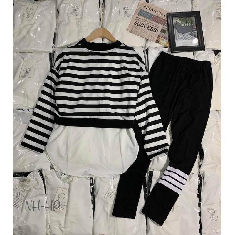 Set 3 món gồm ( áo kẻ croptop + áo lụa đuôi xẻ + quần legging