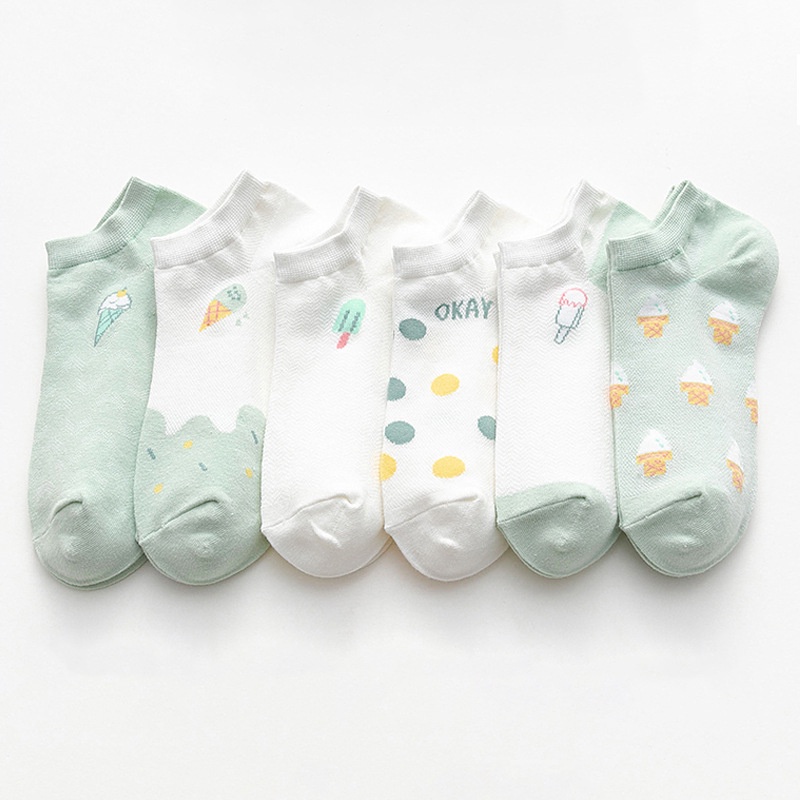Tất vớ nữ cổ thấp cotton mỏng thoáng lưới hoạ tiết cây kem màu xanh lá dễ thương