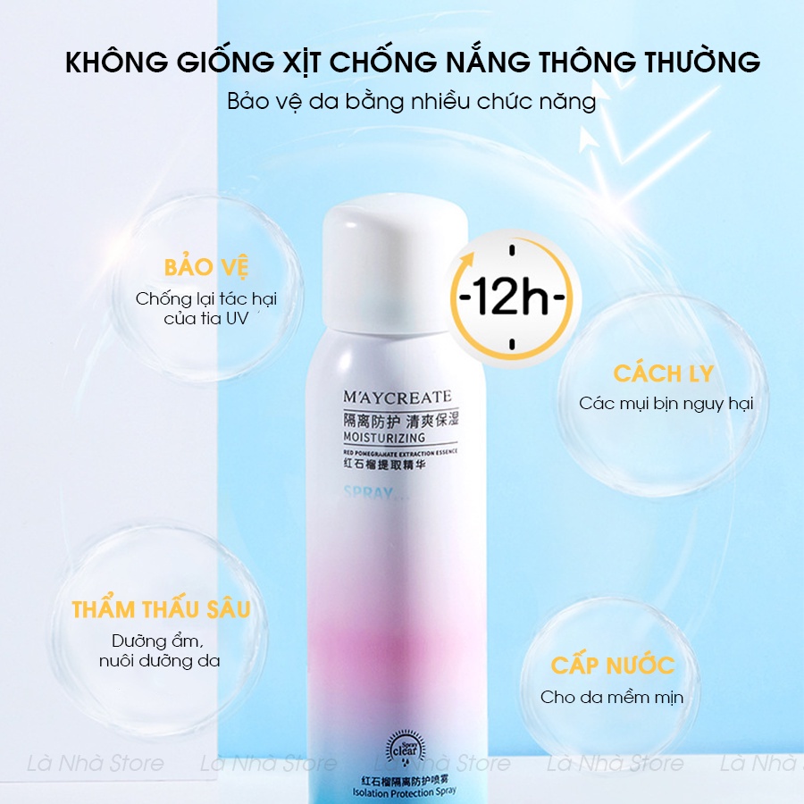 Chai bình xịt chống nắng Maycreate Moisturizing Spray 150ml, nâng tone da, che khuyết điểm mặt, hỗ trợ làm trắng body.