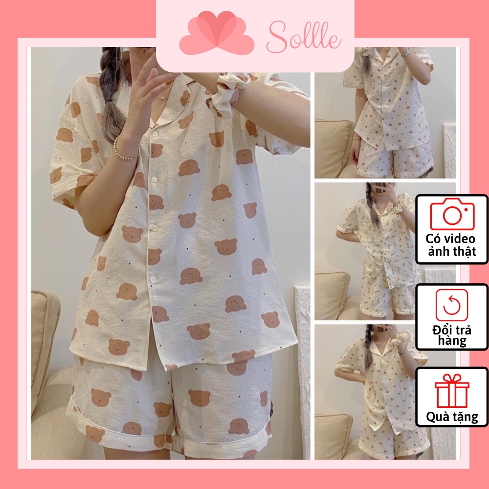 [Tặng cột tóc] Set bộ đồ ngủ pyjama cộc tay chất đũi xốp mát họa tiết cute đáng yêu Hàn Quốc Sollle
