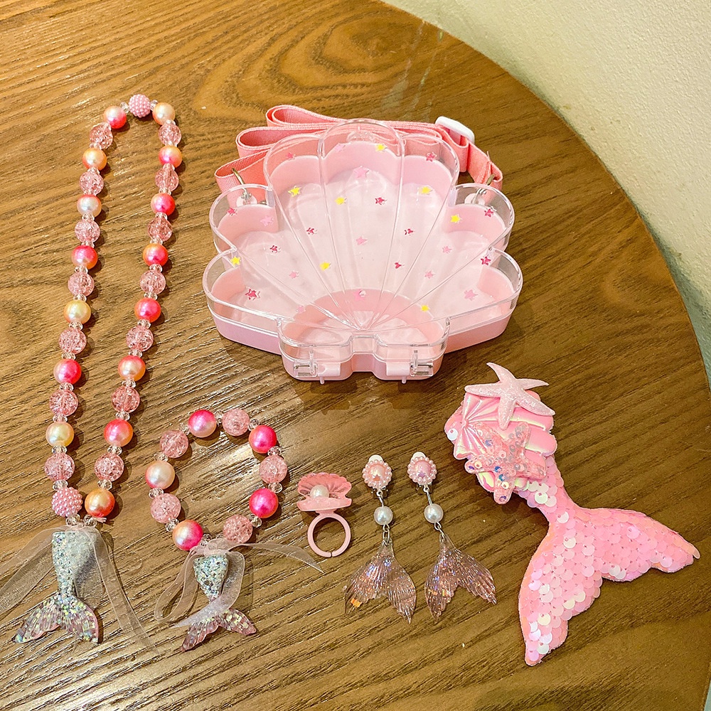 Hộp Quà Tặng Trang Sức Gồm Vòng cổ / Kẹp Tóc Mặt Hình Nàng Tiên Cá Hoạt Hình Dễ Thương Cho Bé Gái