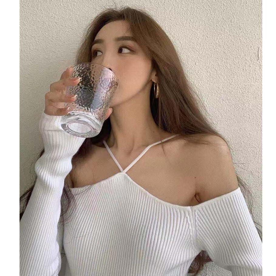 Áo dệt kim hở vai cổ yếm thời trang Hàn Quốc