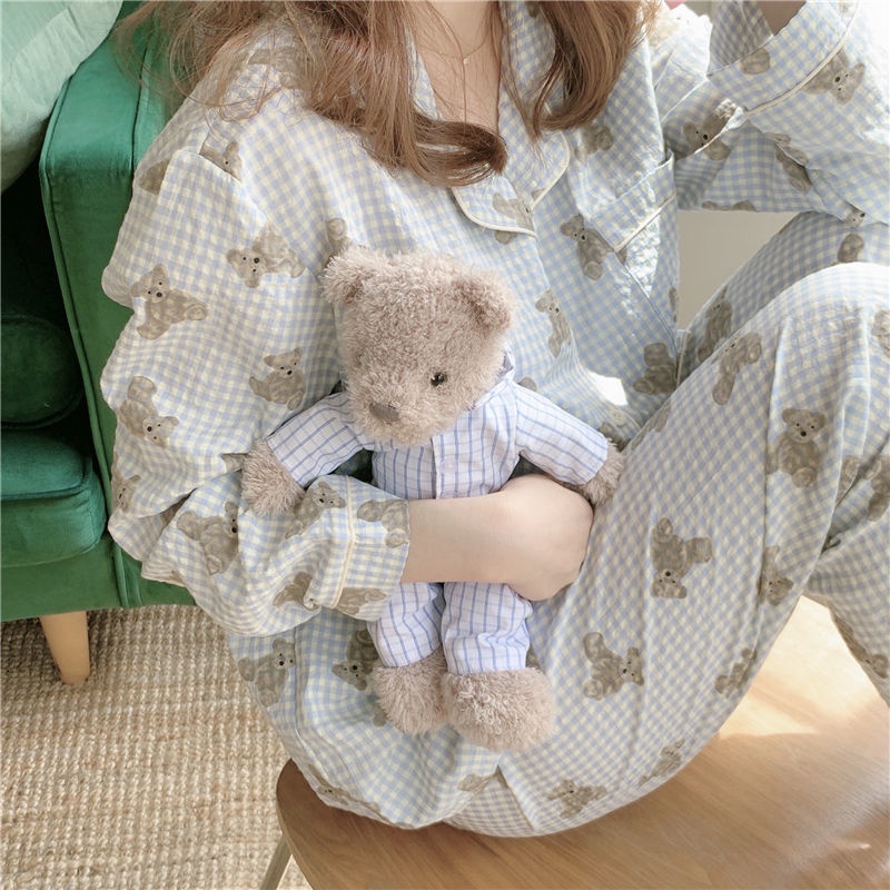 Set đồ ngủ tay dài dáng rộng họa tiết kẻ sọc ca rô và chú gấu dễ thương thời trang phong cách Nhật Bản