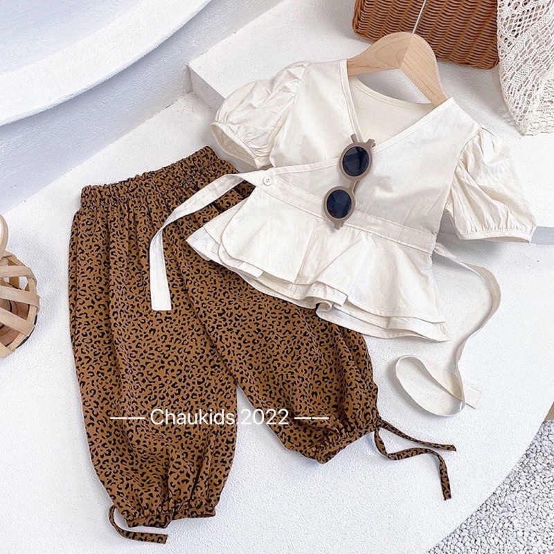 Set Áo Sơ Mi Trắng Kèm Quần Da Báo Sành Điệu Cho Bé Gái