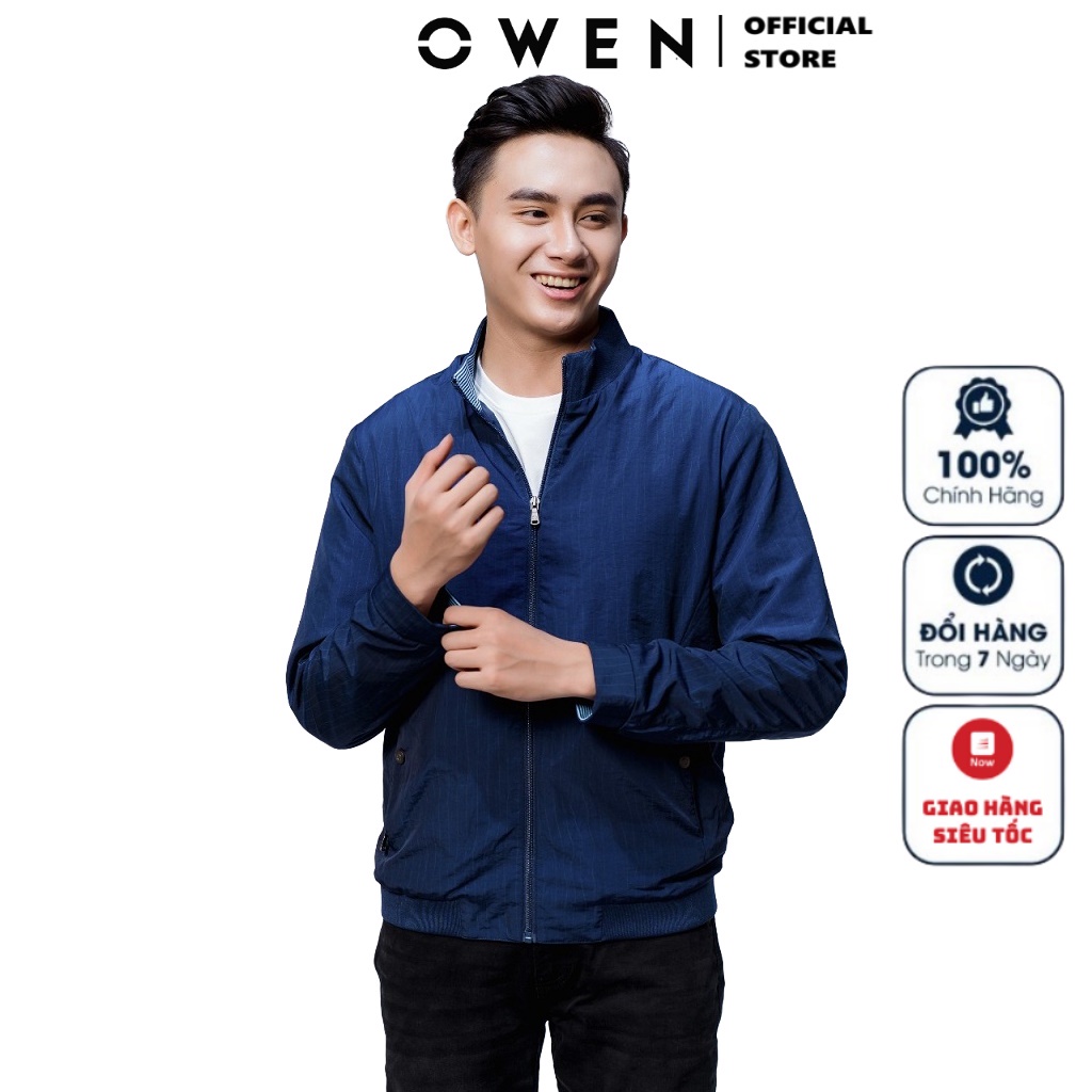 Áo Khoác Nam Owen JK61046 Jacket Dáng Suông Màu Xanh Navy Kẻ Sọc Trắng Bo Cổ Và Gấu Áo Tay Suông Tiện Lợi Chất Polyester