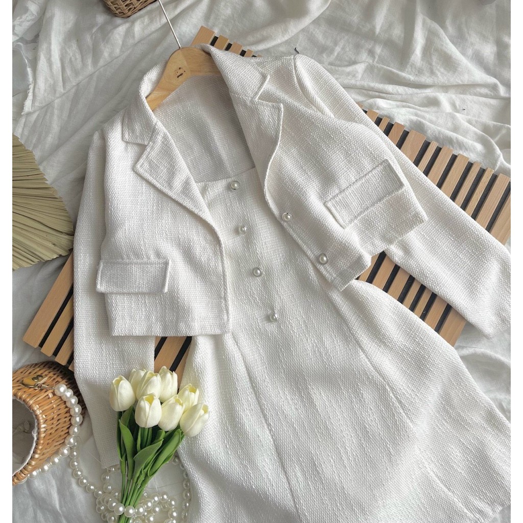 Set đầm áo khoác, đầm nữ 2 dây kèm áo khoác croptop đính nút phong cách trẻ trung hiện đại hàng cao cấp Tây Thi Shop | BigBuy360 - bigbuy360.vn