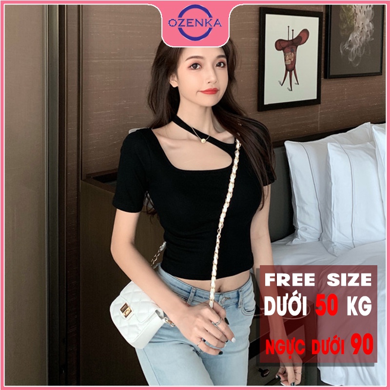 Áo croptop tay ngắn cổ rộng ôm body nữ OZENKA , áo crt kiểu hàn quốc đẹp màu đen trắng chất thun gân 100% cotton