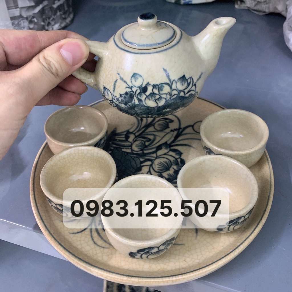 - Bộ ấm chén trà men rạn trơn long phượng / sen 5