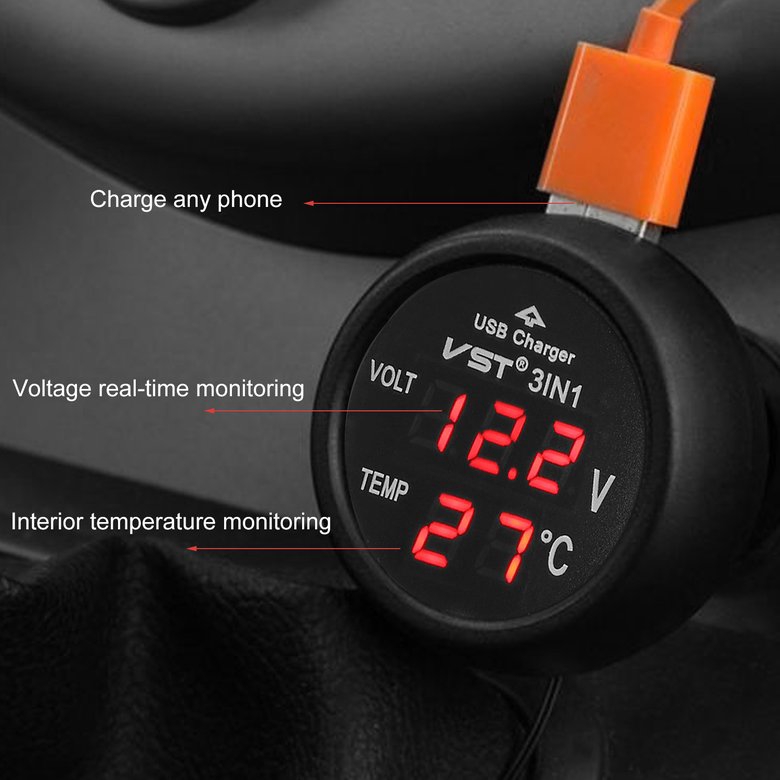 Nhiệt kế và volt kế sạc USB kỹ thuật số 3 trong 1 có đèn LED cho xe hơi