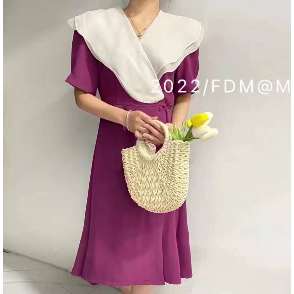 Đầm Phối Màu Đắp Vạt Thắt Dây Eo - BLD22236