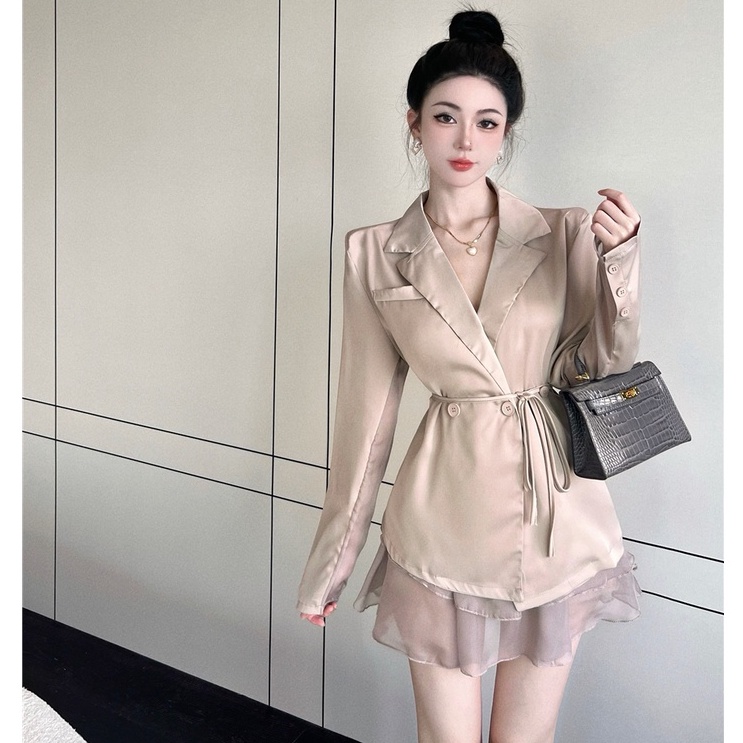 Bộ Áo Khoác Vest Tay Dài + Chân Váy Chiffon Lưng Cao Thời Trang Hàn Quốc Sang Trọng Cho Nữ