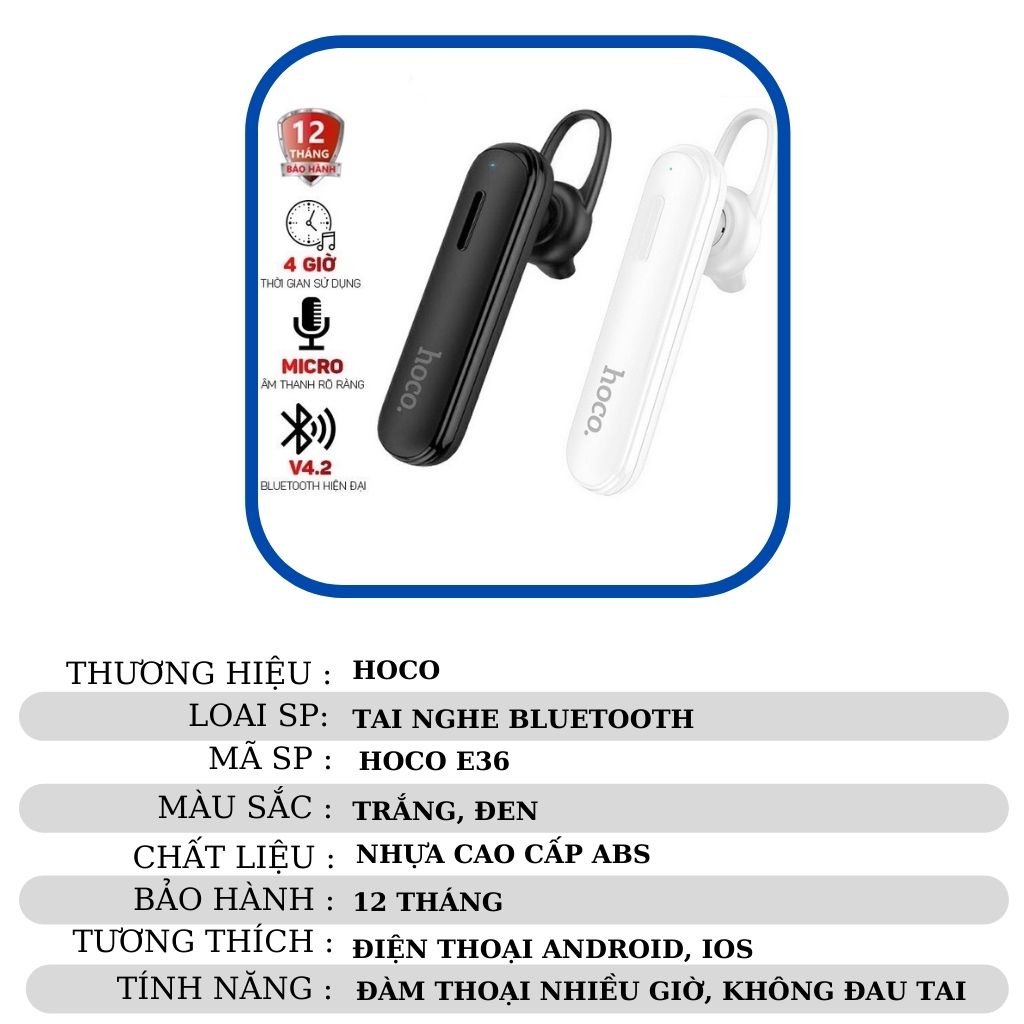 Tai nghe bluetooth chính hãng nhét tai không dây có mic hỗ trợ đàm thoại giá rẻ cho Android iPhone iPad Hoco E36