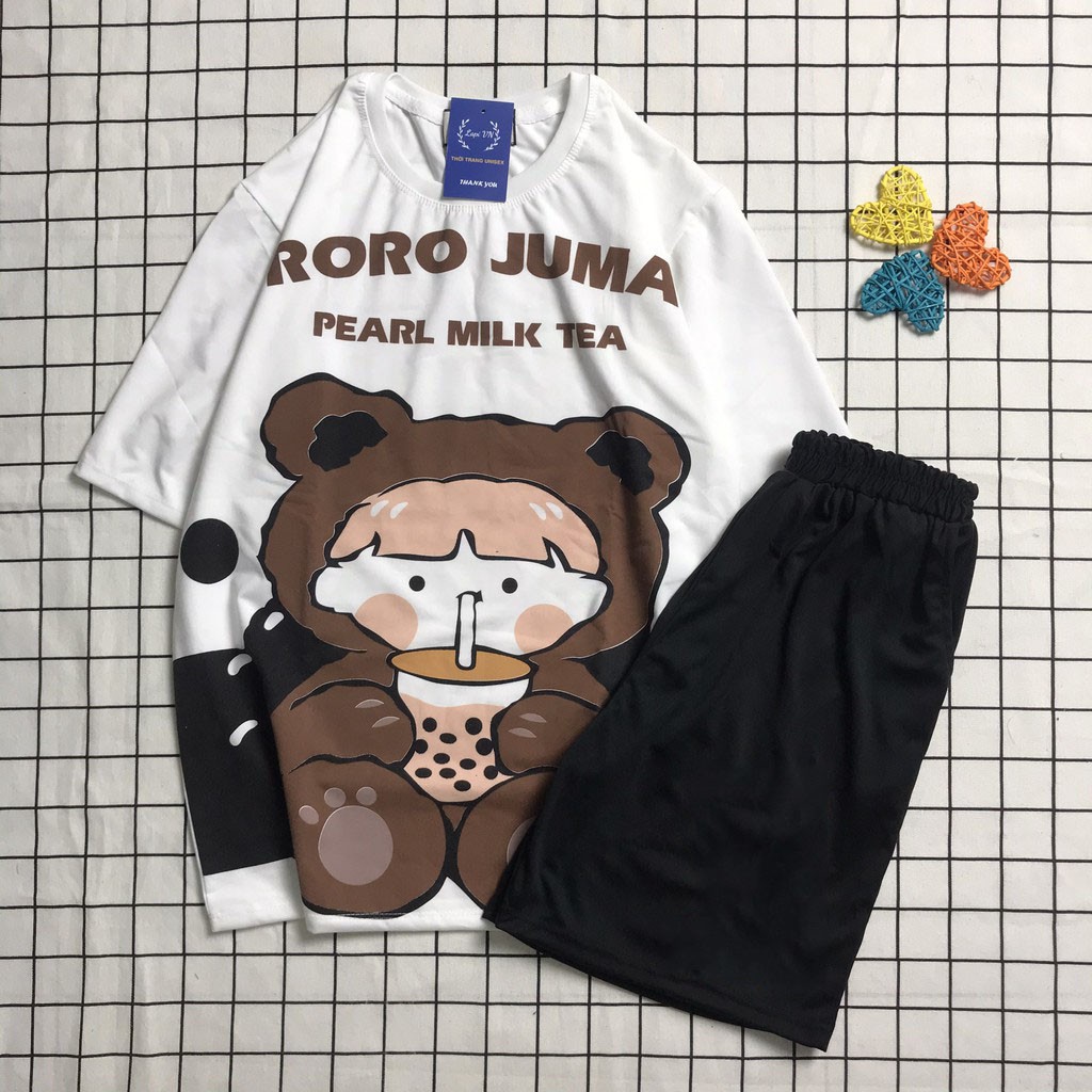 Sét Bộ Đồ Hoạt Hình Nam Nữ Cartoon Unisex In 3D Gấu Nâu Milk Tea Mặc Ở Nhà Xinh Dễ Thương Mix Quần Đùi Kaki Phong Cách