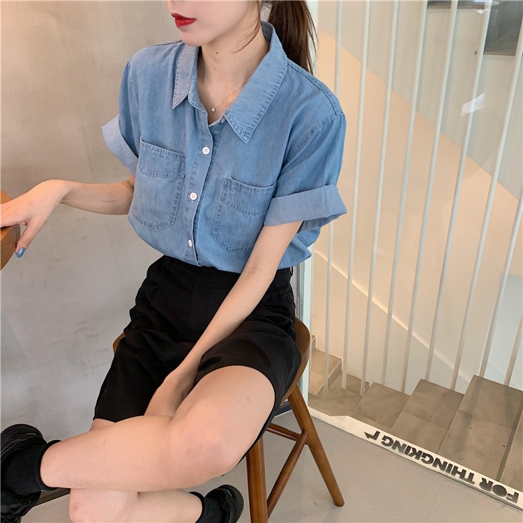 Áo Sơ Mi Denim Mỏng Dáng Rộng Kiểu Retro Hồng Kông Cá Tính Cho Nữ