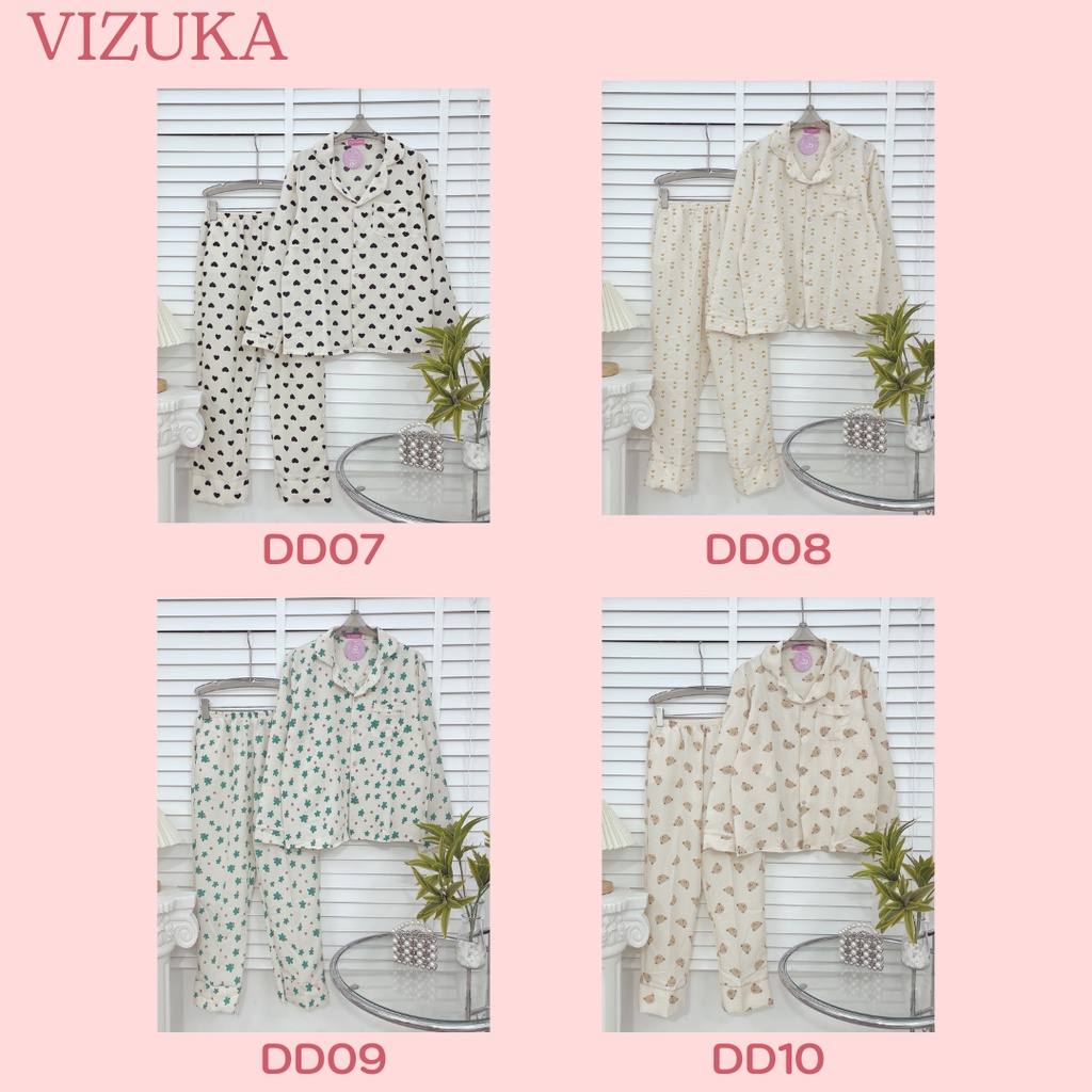 Đồ bộ Pijama nữ dài tay mặc nhà chất liệu xốp đũi siêu mềm mịn VIZUKA