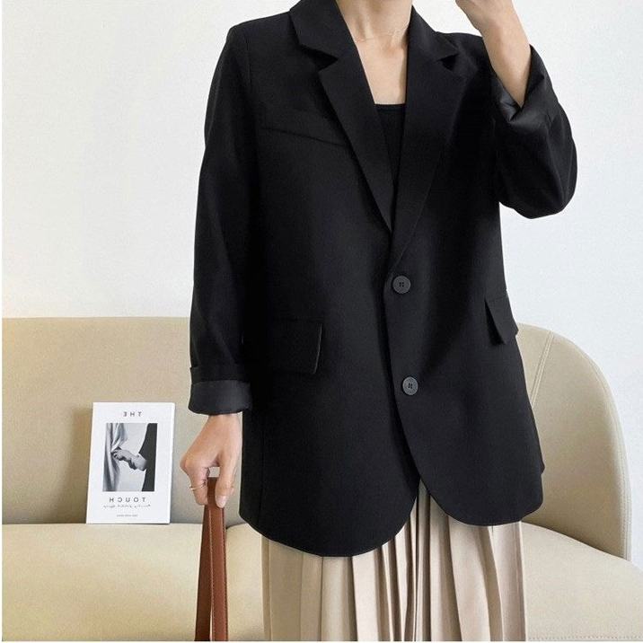 Áo khoác blazer dáng rộng màu đen trơn kiểu Hàn Quốc cho nữ