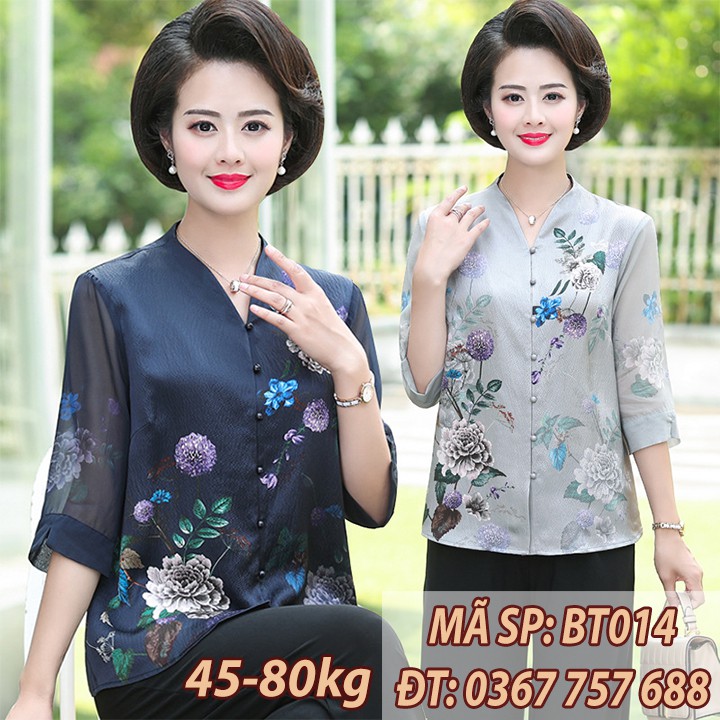 Áo lụa form rộng dáng dài cho mẹ u40 u50 họa tiết lạ BT014