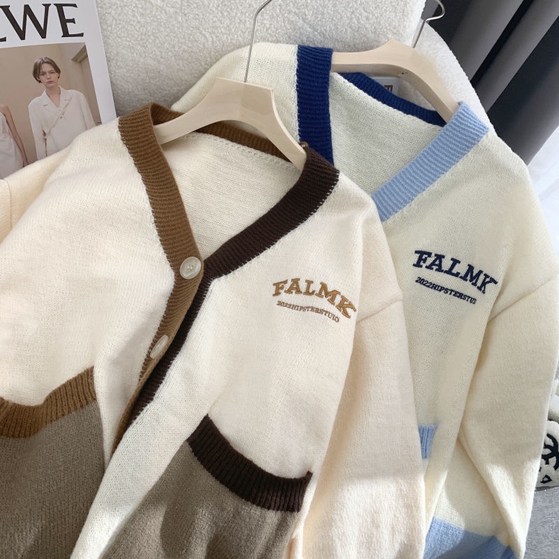 Áo Khoác Cardigan Dệt Kim Dáng Rộng Thêu Chữ Màu Sắc Tương Phản Thời Trang Thu Đông Cho Sinh Viên