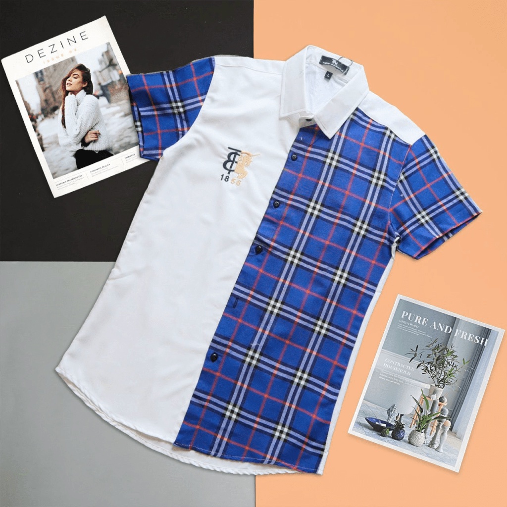 Áo Sơ Mi Nam Tay Ngắn Phối Nửa Sọc Caro Logo Thêu Nổi Vải Lụa Ép Nhiệt 3D Phong Cách Thời Trang Mới [NEW UNISEX]